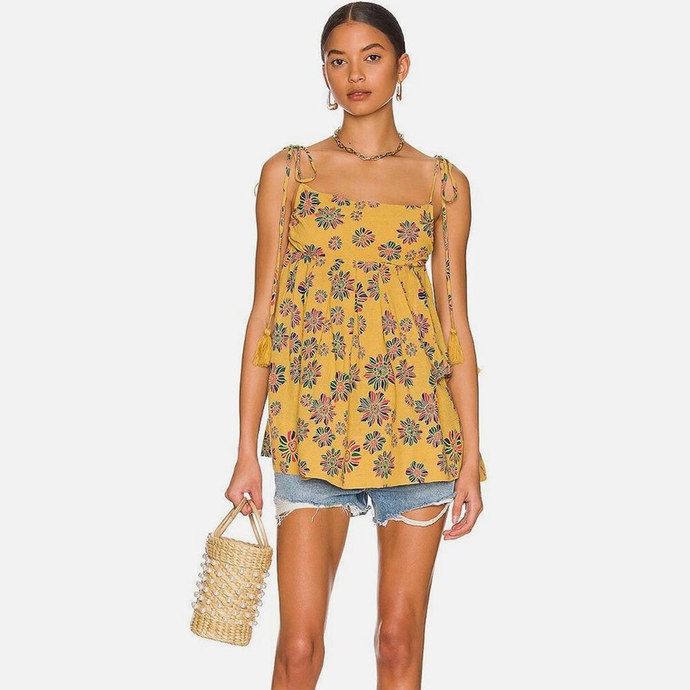 Free People Womans Indigo Molly Tunic Top Floral Boho Tassel Yellow Babydoll